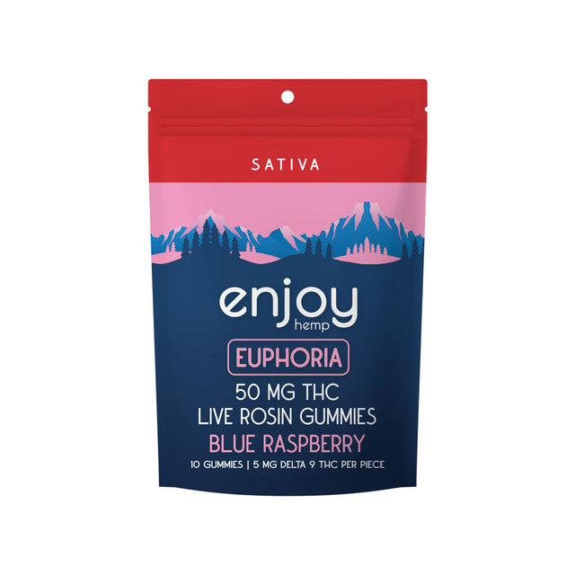 Enjoy Hemp | Sativa | Euphoria | 10ct. 5mg per piece Delta 9 THC Live Rosin Gummies | 50mg Delta 9 THC per bag | Blue Raspberry