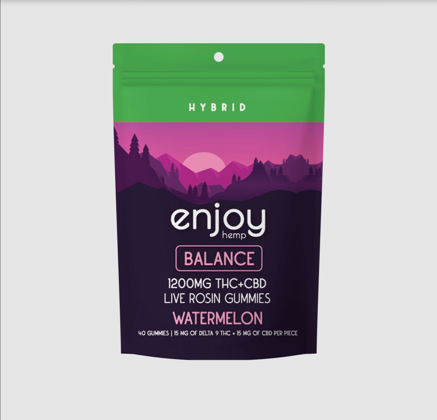 Enjoy Hemp | Hybrid | Balance | 40ct. 15mg Delta 9 THC + 15mg CBD per piece Live Rosin Gummies | 600mg THC + 600mg CBD per package | Watermelon
