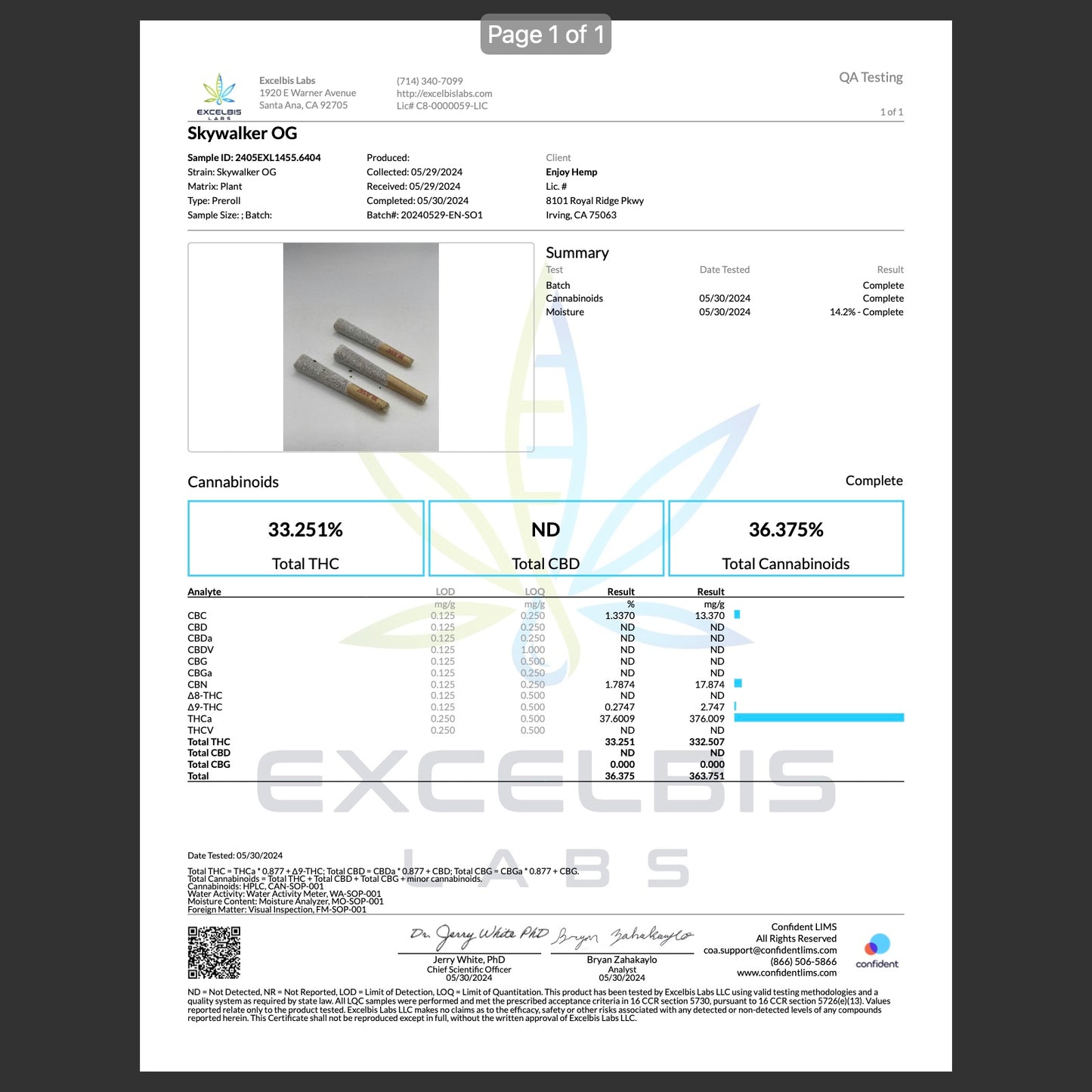 Enjoy Hemp | Hybrid | Bliss | 5ct. 1 gram THCa Double Diamond Infused Pre-rolls | Platinum Skywalker OG