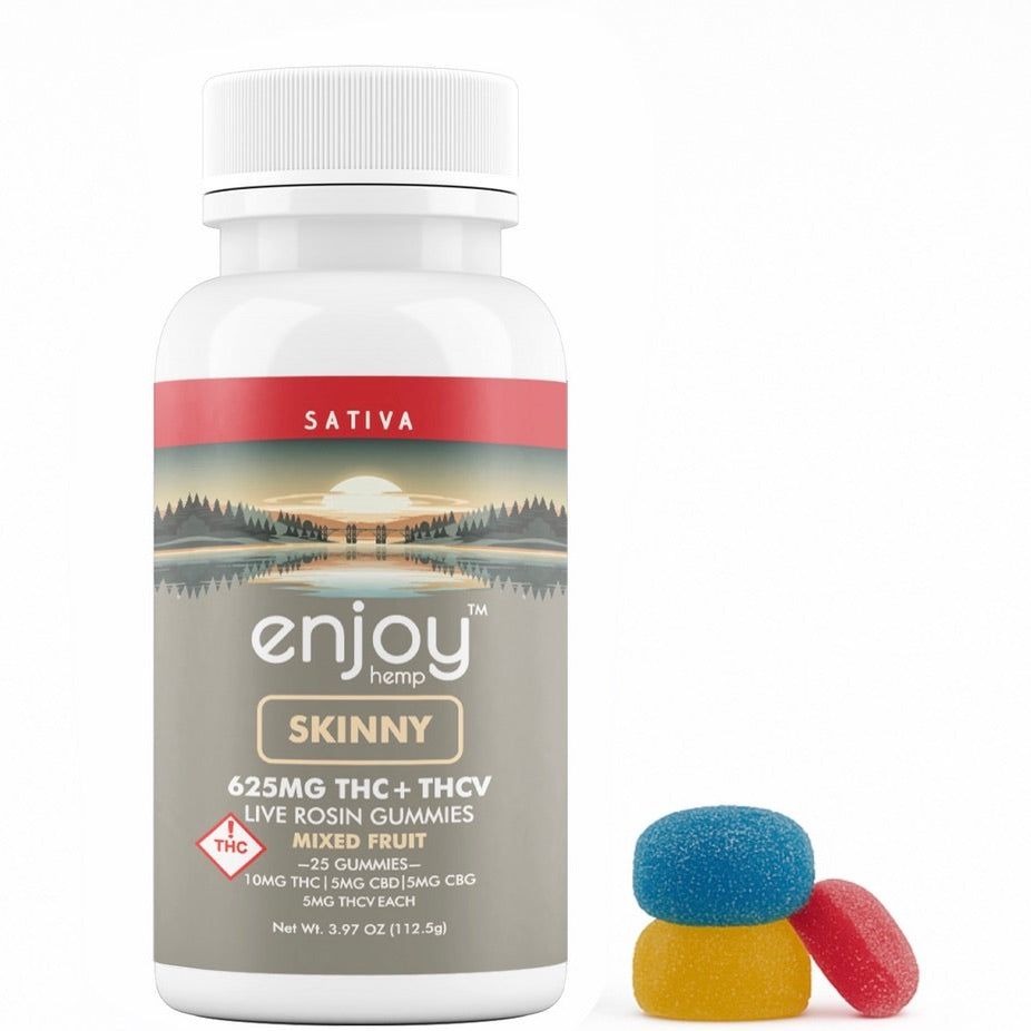 Enjoy Hemp | Sativa | Skinny | 25ct. 10mg Delta 9 THC + 5mg CBD + 5mg CBG + 5mg THCv per piece Live Rosin Gummies | 625mg per package | Mixed Fruit