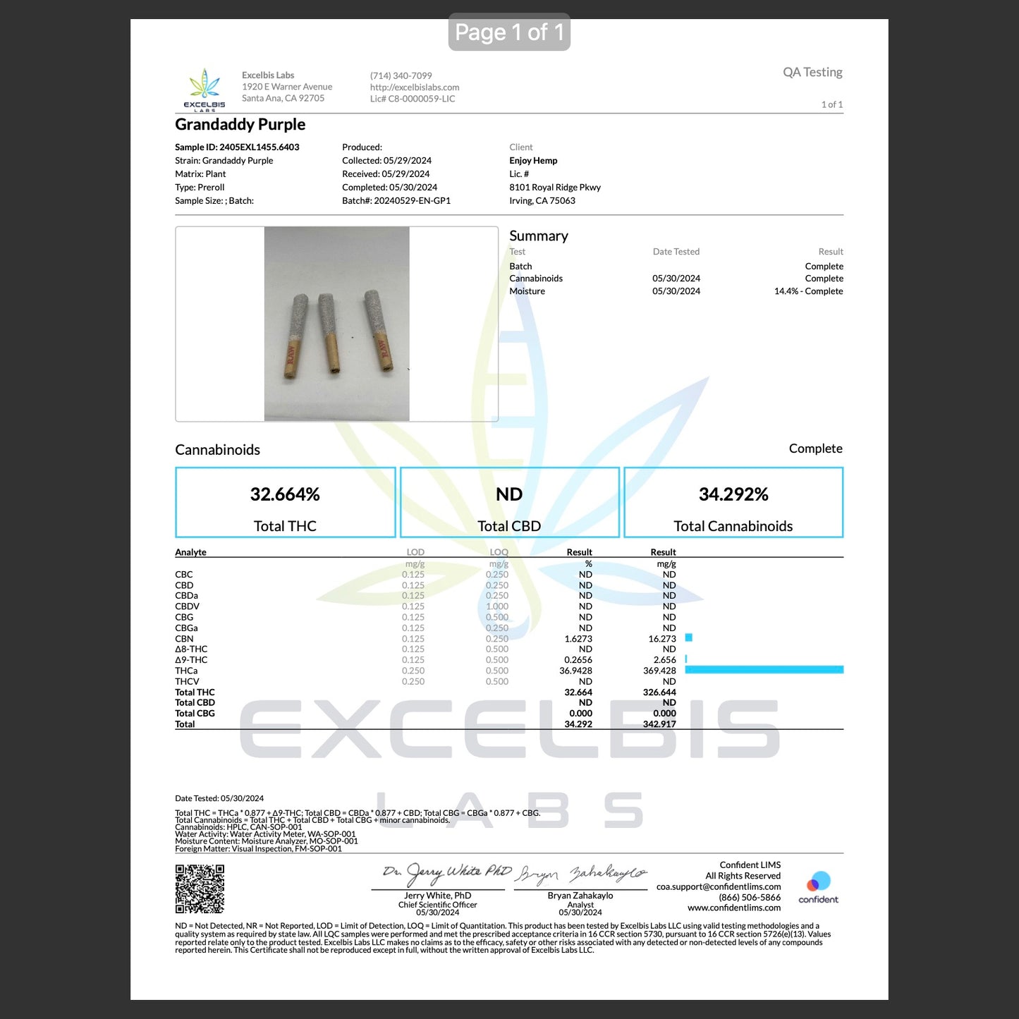 Enjoy Hemp | Indica | Chill | 5ct. 1 gram THCa Double Diamond Infused Pre-rolls | Platinum Granddaddy Purple