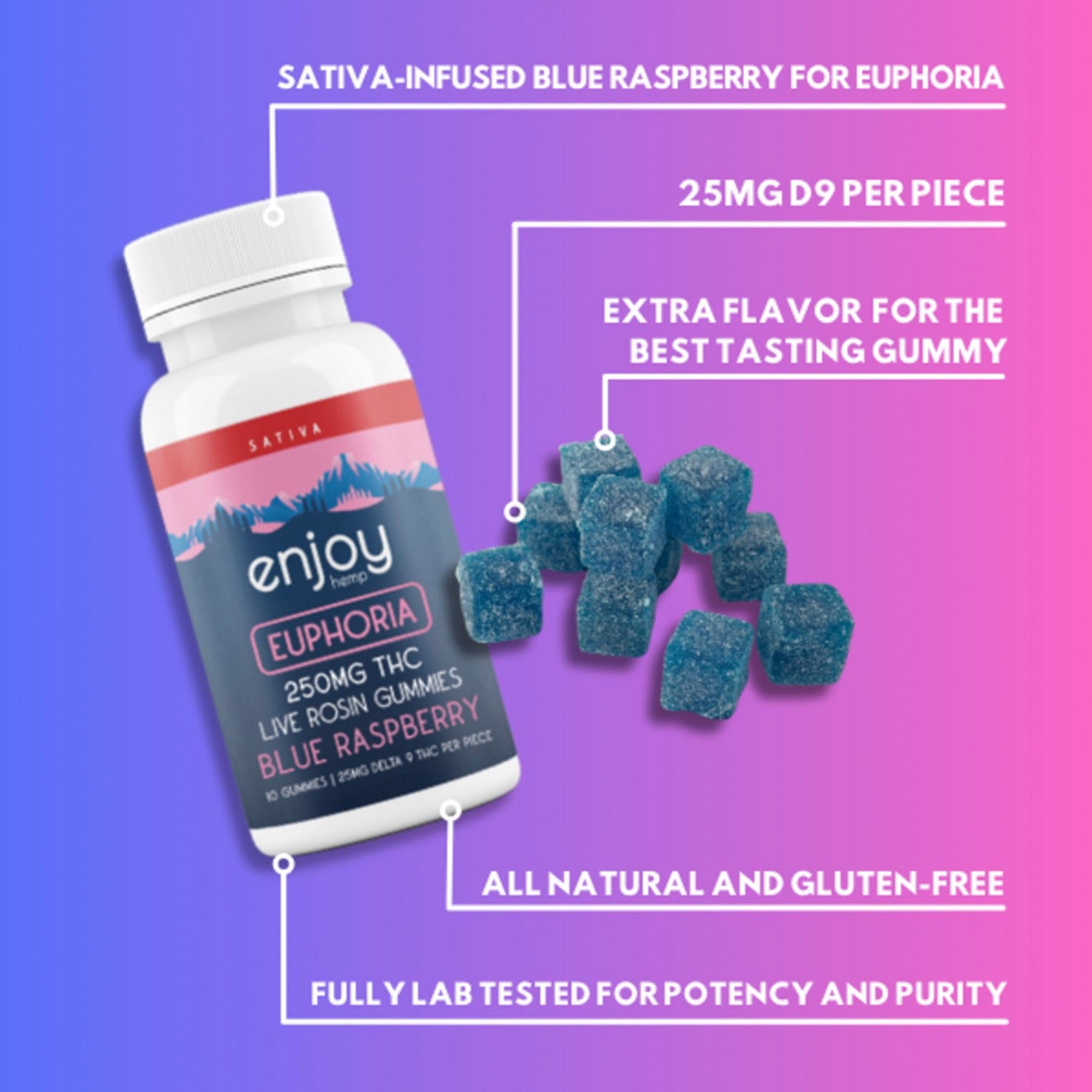 Enjoy Hemp | Sativa | Euphoria | 10ct. 25mg per piece Delta 9 THC Live Rosin Gummies | 250mg per package | Blue Raspberry