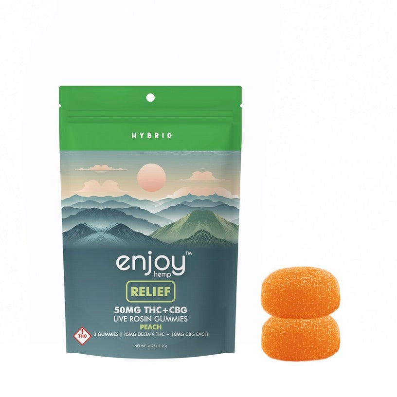 Enjoy Hemp | Hybrid | Relief | 2ct. 15mg per piece Delta 9 THC + 10mg CBG Live Rosin Gummies | 50mg per package | Peach