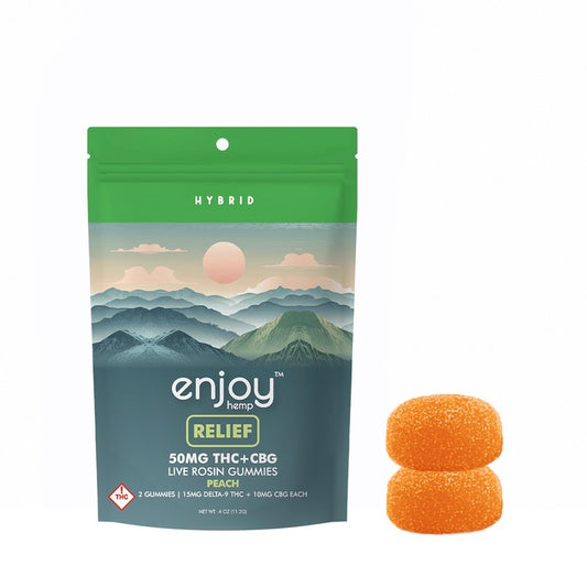 Enjoy Hemp | Hybrid | Relief | 2ct. 15mg per piece Delta 9 THC + 10mg CBG Live Rosin Gummies | 50mg per package | Peach