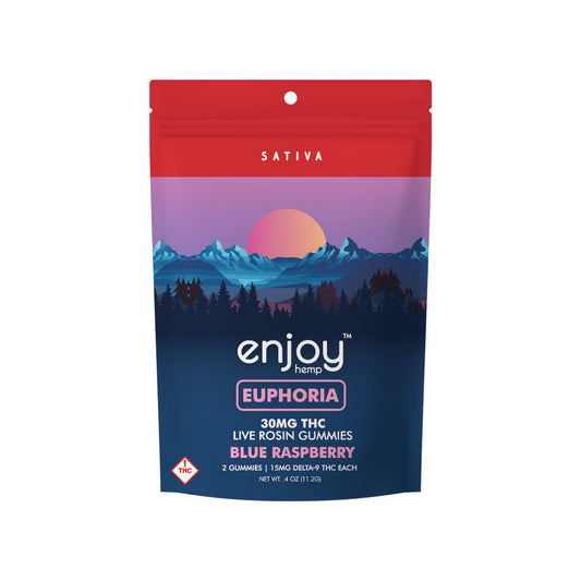 Enjoy Hemp | Sativa | Euphoria | 2ct. 15mg per piece Delta 9 THC Live Rosin Gummies | 30mg per package | Blue Raspberry