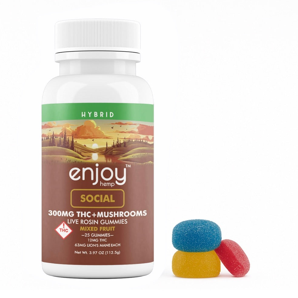 Enjoy Hemp | Hybrid | Social | 25ct. 12mg per piece Delta 9 THC + 63mg Lion's Mane Live Rosin Gummies | 300mg per package | Mixed Fruit