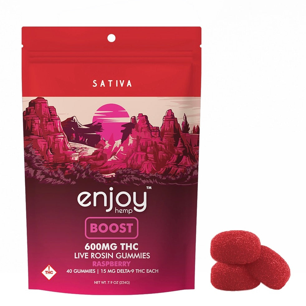 Enjoy Hemp | Sativa | Boost | 40ct. 15mg per piece Delta 9 THC Live Rosin Gummies | 600mg per package | Raspberry