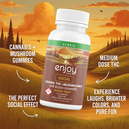 Enjoy Hemp | Hybrid | Social | 25ct. 12mg per piece Delta 9 THC + 63mg Lion's Mane Live Rosin Gummies | 300mg per package | Mixed Fruit