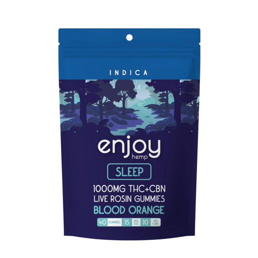 Enjoy Hemp | Indica | Sleep | 40ct. 15mg Delta 9 THC + 10mg CBN per piece Live Rosin Gummies | 1000mg per package | Blood Orange