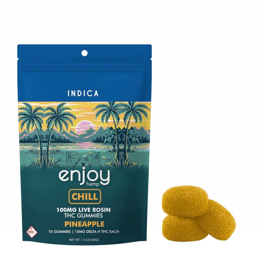 Enjoy Hemp | Indica | Chill | 10ct. 10mg Delta 9 THC per piece Live Rosin Gummies | 100mg Delta 9 THC per bag | Pineapple