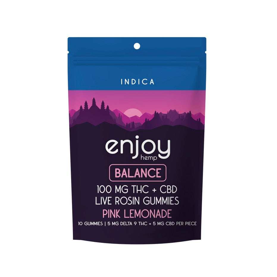 Enjoy Hemp | Indica | Balance | 10ct. 5mg Delta 9 THC + 5mg CBD per piece Live Rosin Gummies | 50mg Delta 9 THC + 50mg CBD per bag | Pink Lemonade