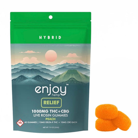Enjoy Hemp | Hybrid | Relief | 40ct. 15mg per piece Delta 9 THC + 10mg CBG Live Rosin Gummies | 1000mg per package | Peach