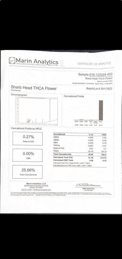 THCa Hemp Flower | Sherbhead | Hybrid | 24.18% THCa