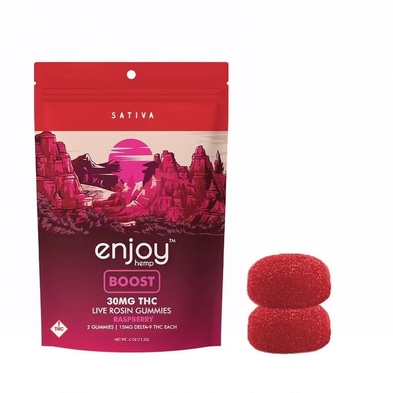 Enjoy Hemp | Sativa | Boost | 2ct. 15mg per piece Delta 9 THC Live Rosin Gummies | 30mg per package | Raspberry